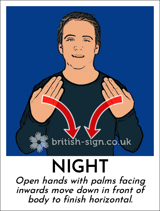 Night: Open hands with palms facing inwards move down in front of body to finish horizontal.